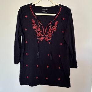 Talbots Womens Embroidered Popover Tunic Top Size M Navy Red 100% Cotton Boho